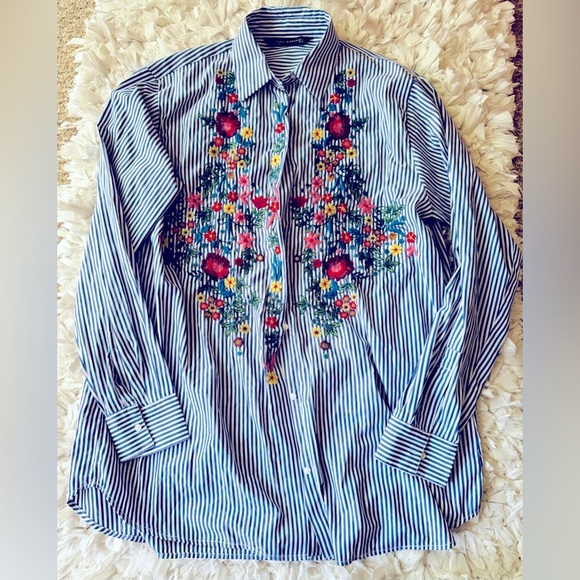 Zara oversized poplin stripe embroidery floral shirt - Picture 9 of 11